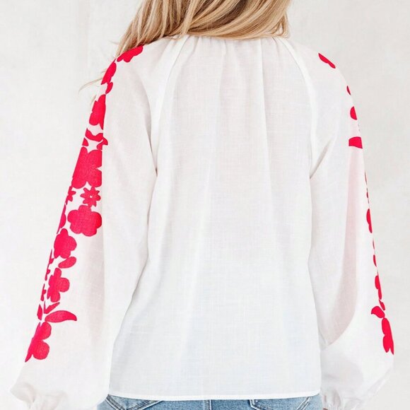 White Casual Women's Floral Embroidery Puff Sleeve Button-Up Shirt - Picture 2 of 8